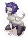  &gt;:) android animal_ears bikini black_legwear black_sclera breasts cat_ears fang forehead fumio_(rsqkr) grey_skin grin humio kneeling pale_skin phantasy_star phantasy_star_online_2 purple_hair red_eyes sandals short_hair side-tie_bikini simple_background smile solo swimsuit thigh-highs thighhighs white_background 