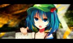  blue_eyes blue_hair collarbone face fang hair_bobbles hair_ornament hat holding kawashiro_nitori letterboxed onoue_ren open_mouth portrait short_hair solo touhou translated translation_request twintails 
