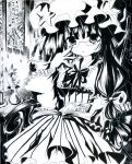  absurdres bespectacled book bookshelf candle capelet glasses hat highres long_hair long_sleeves millipen_(medium) monochrome patchouli_knowledge solo star torajirou touhou traditional_media wide_sleeves 