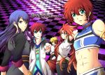 asbel_lhant black_hair blonde_hair blue_eyes checkered checkered_background cless_alvein coat long_hair luke_fon_fabre male midriff multiple_boys pants purple_background purple_eyes red_hair redhead rid_hershel smile tales_of_(series) tales_of_eternia tales_of_graces tales_of_phantasia tales_of_the_abyss tales_of_vesperia title_drop tsubasam violet_eyes yuri_lowell 