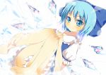  bare_legs barefoot blue_eyes blue_hair blush bow cirno dutch_angle hair_bow ice looking_at_viewer sitting smile solo touhou wings yuimari 
