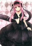  :o absurdres argyle argyle_background black_dress candy choker dress frills gothic_lolita hagiwara_rin highres holding lolita_fashion lolita_hairband lollipop long_hair looking_at_viewer open_mouth original pink_eyes pink_hair scan solo wrist_cuffs 