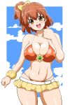 1girl belt bikini bow breasts brown_eyes brown_hair cleavage fresh_precure! hair_bow hokuto_(tokuho) large_breasts mound_of_venus navel open_mouth precure side_ponytail skirt solo swimsuit yamabuki_inori 