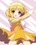  1girl bike_shorts blonde_hair dress flat_chest hairband henshin henshin_pose kamen_rider kise_yayoi open_mouth parody peacemaker777 pose precure short_hair shorts shorts_under_skirt smile_precure! solo standing upskirt wind_lift yellow_bike_shorts yellow_dress yellow_eyes 