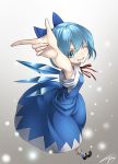  ;) arm_up blue_eyes blue_hair cirno dress from_above grin ice ice_wings kyon_(fuuran) looking_at_viewer short_hair signature smile solo touhou wings wink yukimi_dango 