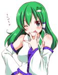  :p bare_shoulders blue_eyes blush breasts detached_sleeves frog_hair_ornament green_hair hair_ornament hair_tubes hand_on_hip hands kochiya_sanae looking_at_viewer smile snake solo tongue tottoto_tomekichi touhou wide_sleeves wink 