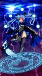  armor belt blue_hair cape cloud clouds cyan0114 fang glowing glowing_eyes hair_ribbon lightning lyrical_nanoha magic_circle mahou_shoujo_lyrical_nanoha mahou_shoujo_lyrical_nanoha_a&#039;s mahou_shoujo_lyrical_nanoha_a&#039;s_portable:_the_battle_of_aces mahou_shoujo_lyrical_nanoha_a's mahou_shoujo_lyrical_nanoha_a's_portable:_the_battle_of_aces material-l multicolored_hair open_mouth purple_eyes ribbon skirt sky solo thigh-highs thighhighs twintails two-tone_hair violet_eyes vulnificus 