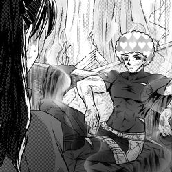  1girl afro comic fate/stay_night fate_(series) greyscale heart kotomine_kirei long_hair lowres monochrome nanashi_(applepower) smoke toosaka_rin two_side_up 