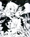  absurdres bloomers bow cirno crossed_legs hair_bow highres ice ice_wings legs_crossed millipen_(medium) monochrome puffy_sleeves short_hair short_sleeves sitting smile solo torajirou touhou traditional_media wings 