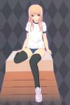  absurdres argyle argyle_background blonde_hair blue_eyes buruma coffee-kizoku copyright_request gym_uniform highres leg_up long_hair scan shoes sitting sneakers solo vaulting_horse 