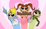  3girls 4ll alternate_costume blonde_hair blossom_(ppg) blue_eyes brown_hair bubbles_(ppg) bustier buttercup_(ppg) earrings etwahl frown green_eyes green_hair heart horn instrument janna_windforce jewelry league_of_legends long_hair multiple_girls navel parody powerpuff_girls red_eyes smile sona_buvelle soraka staff style_parody tiara twintails very_long_hair 
