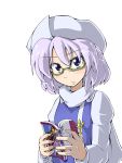 bespectacled blue_eyes book futomashio glasses hat highres letty_whiterock long_sleeves puffy_sleeves purple_hair scarf short_hair solo touhou 
