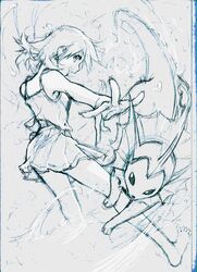  1girl bare_shoulders barefoot blue kasumi_(pokemon) open_mouth poke_ball pokemon pokemon_(creature) pokemon_(game) sei_jun short_hair sketch skirt tank_top vaporeon waist_poke_ball water 