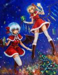  2girls alternate_costume artist_name bat_wings blonde_hair blue_hair boots box capelet christmas christmas_tree dutch_angle fang flandre_scarlet flying from_below fur_trim gift gift_box gloves knee_boots leg_up looking_at_viewer multiple_girls night oil_painting_(medium) open_mouth red_eyes remilia_scarlet santa_costume short_hair side_ponytail sleigh tafuto thighhighs touhou traditional_media wand wings 