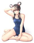  1girl bare_arms bare_legs bare_shoulders barefoot black_hair blue_swimsuit blush braid brown_hair closed_mouth female full_body hair_ornament hair_rings hair_tubes hand_up long_hair looking_at_viewer mochi.f one-piece_swimsuit one_eye_closed ringlets shading_eyes simple_background sitting smile solo soul_calibur soulcalibur swimsuit toes white_background wink yan_leixia yokozuwari 