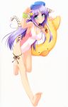  absurdres alpha_(artist) animal_ears barefoot blue_eyes breasts feet hat highres innertube long_hair one-piece_swimsuit original purple_hair ribbon scan scan_artifacts soles solo swimsuit tail thigh_ribbon tiger_ears tiger_tail wristband 