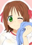  1girl amami_haruka blush brown_hair green_eyes hair_ribbon idolmaster ribbon short_hair smile solo sweat take_(shokumu-taiman) towel wink 