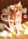  all_fours animal_ears asuna_(sao) barefoot bell bikini breasts brown_eyes brown_hair cat_ears cat_tail heart highres huazha01 kemonomimi_mode kneeling long_hair looking_at_viewer solo spoken_heart swimsuit sword_art_online symbol_shaped_pupils tail 