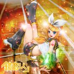  bow character_name detached_sleeves hair_bow headphones kagamine_rin leg_up leg_warmers musical_note open_mouth outstretched_arms sailor_collar shorts smile solo sparkle vocaloid yamako777 