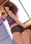  :o ass blue_eyes brown_hair copyright_request from_behind holding legs long_hair looking_back milk_carton open_mouth original pinkwaters short_shorts shorts sleeveless solo table tank_top window 