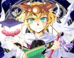  armor black_hair blonde_hair green_eyes hair_ornament jeweled_pagoda looking_at_viewer multicolored_hair polearm solo sunatoshi toramaru_shou touhou trident two-tone_hair weapon 