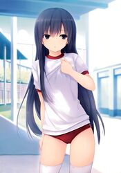  absurdres adjusting_clothes blurry buruma coffee-kizoku depth_of_field gym_uniform highres long_hair original parted_lips purple_eyes scan shiramine_rika solo sweat thigh-highs thighhighs violet_eyes white_legwear 