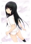  absurdres ass black_hair black_legwear blue_eyes buruma coffee-kizoku copyright_request dutch_angle gym_uniform highres kneehighs long_hair looking_back scan solo 