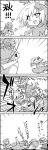  4girls 4koma aki_minoriko aki_shizuha arm_lock bow cirno closed_eyes comic daiyousei detached_wings eyes_closed fairy_wings hair_bow hair_ornament highres ice ice_wings leaf letty_whiterock long_sleeves maple_leaf monochrome multiple_girls open_mouth outstretched_arms scarf short_hair sweatdrop tani_takeshi touhou translated translation_request wings wrestling yukkuri_shiteitte_ne 