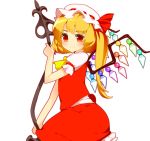  ascot bad_id blonde_hair crystal flandre_scarlet hat hat_ribbon kske laevatein puffy_sleeves red_eyes ribbon short_hair short_sleeves smile solo touhou weapon white_background wings 