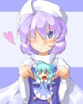  blue_hair blush blush_stickers bow cape cirno futomashio hair_bow hat heart highres ice ice_wings letty_whiterock long_sleeves purple_eyes purple_hair short_hair short_sleeves smile solo touhou violet_eyes wings wink 
