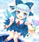  blue_eyes blue_hair bow cirno feet_in_water flower hair_bow hazakura_satsuki ice ice_flower incoming_gift looking_at_viewer open_mouth rose sitting smile soaking_feet solo touhou water 