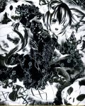  absurdres animal_ears bow braid cat_ears cat_tail hair_bow highres kaenbyou_rin long_hair long_sleeves millipen_(medium) monochrome multiple_tails open_mouth puffy_sleeves skull solo tail torajirou touhou traditional_media twin_braids wide_sleeves wink 