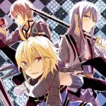  argyle argyle_background bad_id black_hair blonde_hair coat emil_castagnier hino_(moca) jude_mathis long_hair male multiple_boys red_eyes scarf sword tales_of_(series) tales_of_symphonia tales_of_symphonia_knight_of_ratatosk tales_of_vesperia tales_of_xillia weapon yuri_lowell 
