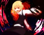  blonde_hair fang hair_ribbon long_sleeves onoue_ren open_mouth outstretched_arms red_eyes ribbon rumia short_hair slit_pupils solo touhou 