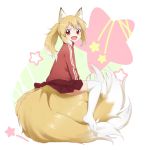  &gt;:) &gt;:d :d animal_ears blonde_hair fang fox_ears fox_tail jersey multiple_tails naraba_yueni open_mouth orange_eyes original ponytail short_hair skirt smile solo star tail tail_chair thigh-highs thighhighs track_jacket twintails 