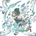  bad_id barefoot blue_eyes blue_hair bow cirno dress hair_bow highres ice ice_wings open_mouth puffy_sleeves ringetsumon short_hair short_sleeves solo touhou wings 