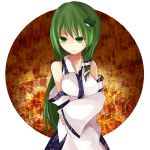  detached_sleeves frog_hair_ornament green_eyes green_hair hair_ornament hair_tubes kochiya_sanae long_hair onoue_ren smile snake_hair_ornament solo touhou wide_sleeves 