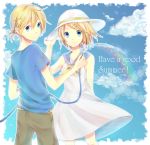  1girl blonde_hair blue_eyes brother_and_sister hair_ornament hairclip hat holding holding_hat hose kagamine_len kagamine_rin rainbow school_uniform serafuku shiro_(ryuu) short_hair siblings smile sun_hat twins vocaloid water 