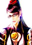  bayonetta bayonetta_(character) black-framed_glasses black_hair blue_eyes bodysuit bust chain chainlink_fence chains cleavage_cutout earrings eyeshadow glasses hair_ribbon heart jewelry lipstick looking_at_viewer looking_back makeup mole red_ribbon ribbon seitsuji simple_background smile solo 