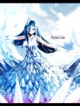  1girl anivia bare_shoulders blue_hair bracelet character_name dress forehead_gem forehead_jewel gloves ice jewelry league_of_legends long_hair mizunaka necklace no_mouth red_eyes solo white_gloves 