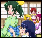  aoki_reika blonde_hair blue_eyes blue_hair blush bow candy_(smile_precure!) closed_eyes creature dressing eyes_closed green_eyes green_hair hair_bow hair_ornament hairclip hino_akane hoshizora_miyuki japanese_clothes kimono kise_yayoi long_hair midorikawa_nao nokokopopo open_mouth orange_eyes pink_hair ponytail precure red_hair redhead smile smile_precure! twintails yellow_eyes 