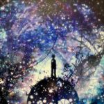  abstract_background grass harada_miyuki male night night_sky original shadow short_hair sky solo standing star 