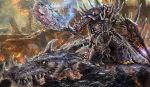  armor dragon highres horn makarori_(noah) monster mountain no_humans original shield skeleton skull solo 