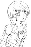 bust collarbone looking_at_viewer lowres monochrome open_clothes open_shirt persona persona_4 satonaka_chie short_hair smile solo suta_furachina track_jacket 