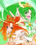  cure_march cure_sunny elbow_gloves flame gloves green_eyes green_hair halo head_wings hino_akane long_hair magical_girl midorikawa_nao nokokopopo open_mouth orange_hair ponytail precure princess_form_(smile_precure!) red_eyes smile smile_precure! tiara tri_tails wind 
