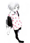  backpack bag black_legwear copyright_request foreshortening from_above legwear_under_shorts monochrome pantyhose sawasawa short_hair shorts simple_background skull_and_crossbones smile solo spot_color white_background 