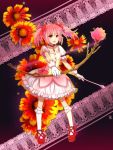  arrow bow bow_(weapon) bubble_skirt dress gloves hair_bow highres huazha01 kaname_madoka magical_girl mahou_shoujo_madoka_magica open_mouth pink_hair red_eyes short_hair short_twintails smile solo twintails weapon 