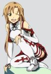  :o armor asuna_(sao) bare_shoulders braid breastplate brown_eyes brown_hair grey_background kneeling long_hair open_mouth panties pantyshot pleated_skirt rikku04 simple_background skirt solo sword_art_online thigh-highs thighhighs underwear white_legwear white_panties wink 