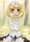  absurdres blonde_hair blush cardigan hairband highres kise_yayoi loafers notebook open_mouth peacemaker777 precure shoes short_hair skirt smile smile_precure! solo yellow_eyes 