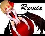  black_wings character_name glowing glowing_eyes hair_ribbon long_sleeves necktie onoue_ren open_mouth red_eyes ribbon rumia short_hair sitting smile solo touhou wings 